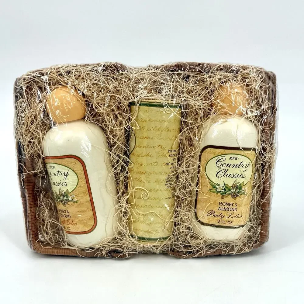 VTG 1989 Avon Country Classics Honey Almond Set of 3 Bath Gel Talc Lotion Basket
